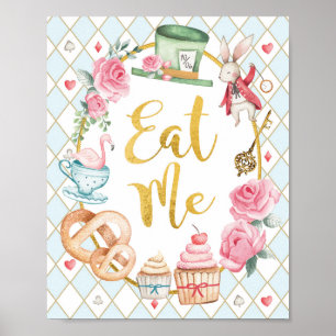Blauwe Alice in Wonderland EAT ME Party Sign Poster