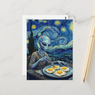 Blauwe Alien Eet Gebakken Eieren Nep Van Gogh Briefkaart