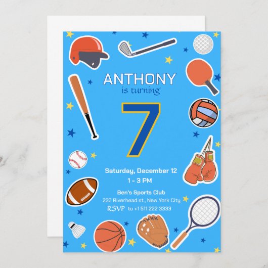 Blauwe All-Star Sports Verjaardag Bash Uitnodiging (Voorkant / Achterkant)