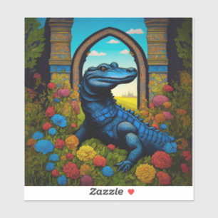 Blauwe Alligator Met Bloemen Fantasie Kunst Sticker