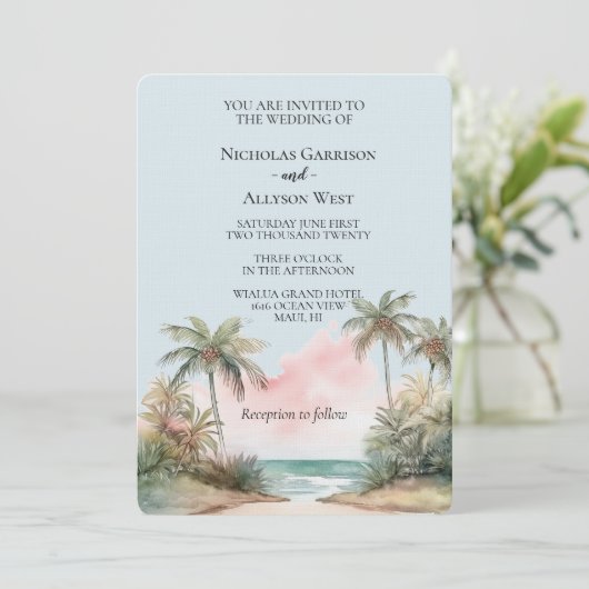 Blauwe Aloha Tropische Strand Palm Trees Wedding Kaart (Staand voorkant)
