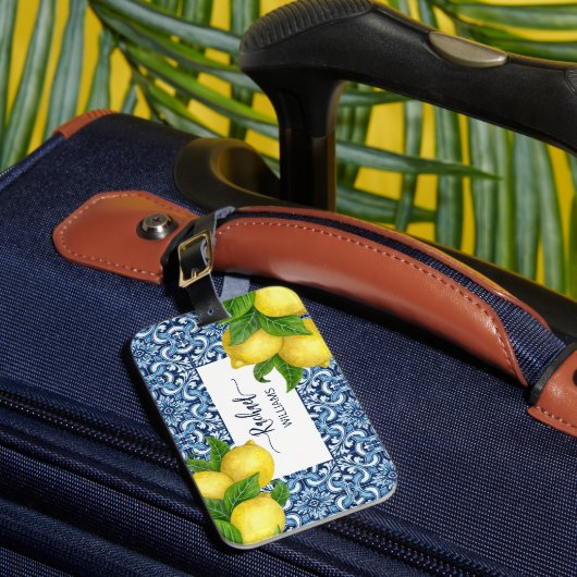 Blauwe  Amalfi Italiaanse tegels en citroenen Bagagelabel (Voorkant Insitu 1)