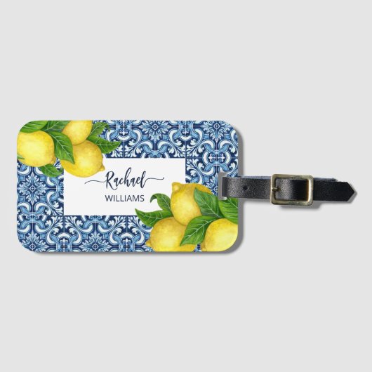 Blauwe  Amalfi Italiaanse tegels en citroenen Bagagelabel (Voorkant (horizontaal))