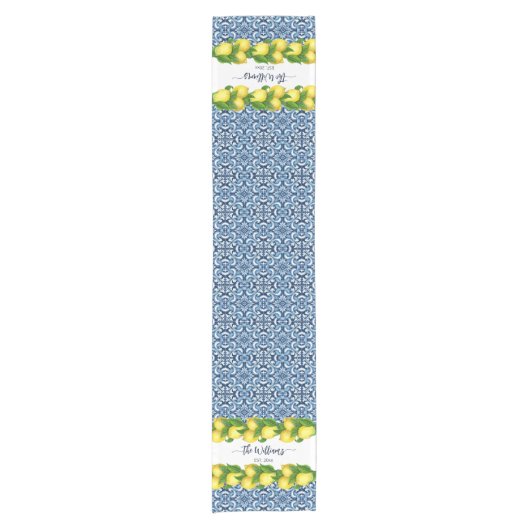 Blauwe  Amalfi Italiaanse tegels en citroenen Korte Tafelloper (Voorkant)