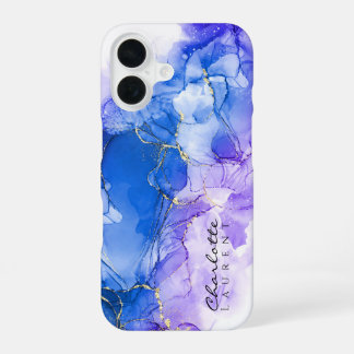 Blauwe Amethist Gouden Alcoholinkt iPhone 16 Hoesje