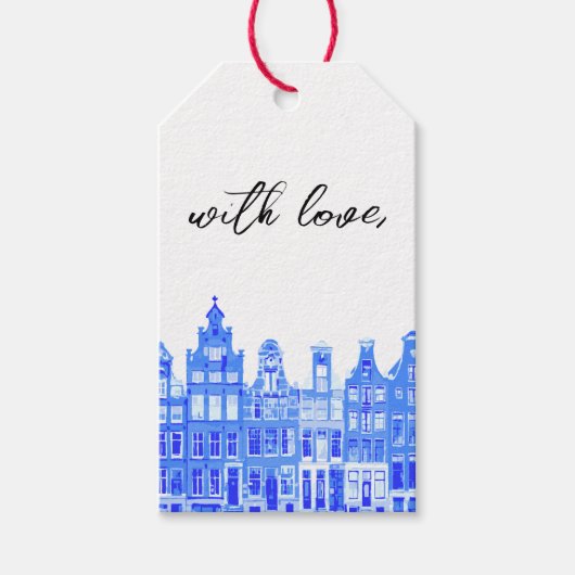 Blauwe Amsterdamse Huizen Cadeaulabel (Voorkant)