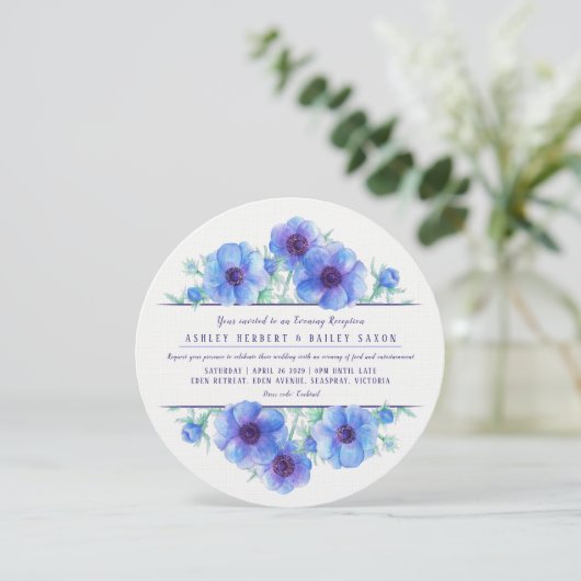 Blauwe anemone avond receptie bruiloft uitnodiging (Staand voorkant)