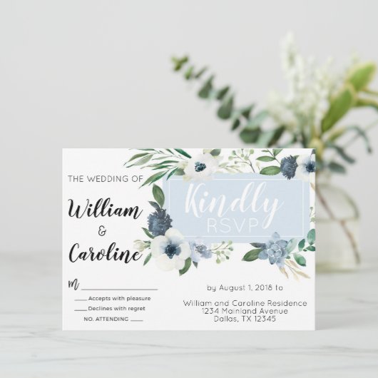 Blauwe Anemoon Bloemen Bruiloft RSVP-reactiekaart Kaart (Staand voorkant)
