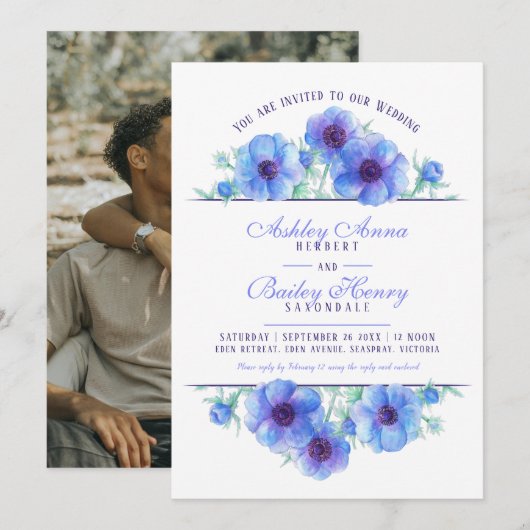 Blauwe anemoon bloemenbruiloft waterverf foto kaart (Voorkant / Achterkant)