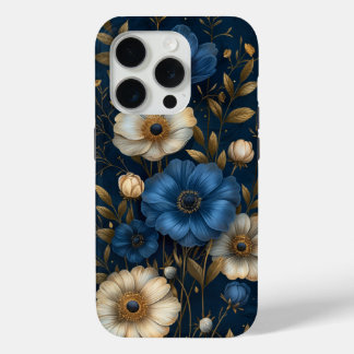 Blauwe Anemoon Bloemig Goud Design iPhone 15 Pro Case