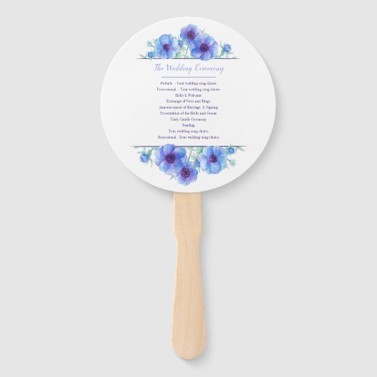 Blauwe anemoon bloemkunst ceremonie bruiloft fans handwaaier (Achterkant)