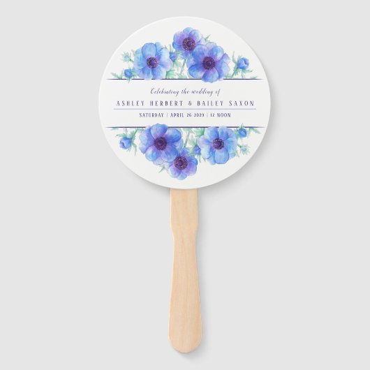 Blauwe anemoon bloemkunst ceremonie bruiloft fans handwaaier (Voorkant)