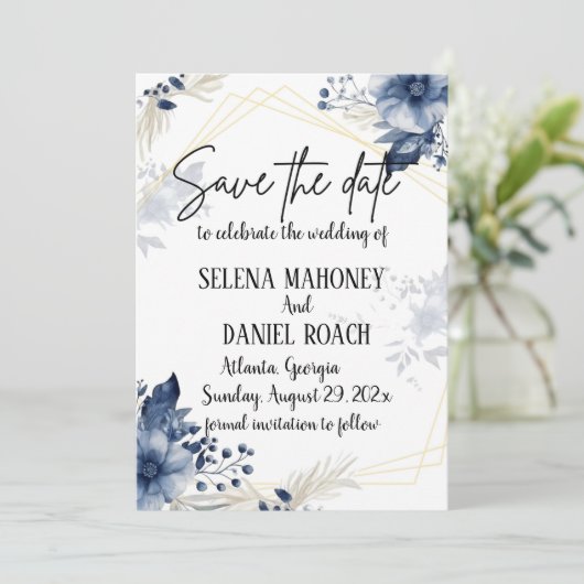 "Blauwe anemoon bloesems: bloemenbruiloft" Save The Date (Staand voorkant)