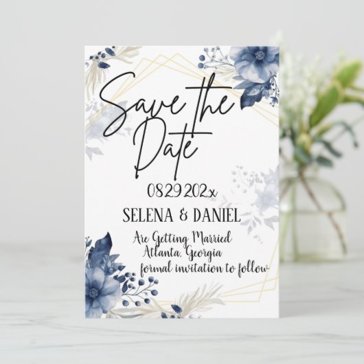 "Blauwe anemoon bloesems: bloemenbruiloft" Save The Date (Staand voorkant)