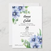 Blauwe Anemoon en Eucalyptus Huwelijksuitnodiging Kaart (Voorkant)