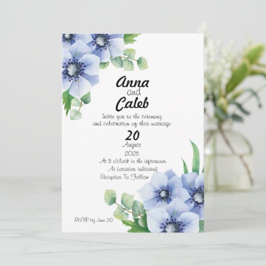 Blauwe Anemoon en Eucalyptus Huwelijksuitnodiging Kaart (Staand voorkant)