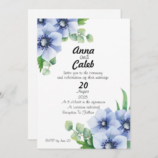 Blauwe Anemoon en Eucalyptus Huwelijksuitnodiging Kaart (Voorkant / Achterkant)