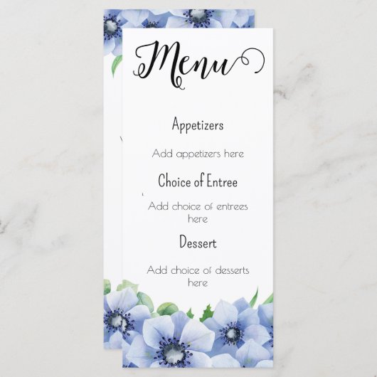 Blauwe Anemoon en Eucalyptus Menu (Voorkant / Achterkant)