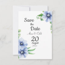 Blauwe Anemoon en Eucalyptus Save the Date Kaart