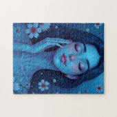 Blauwe Anime Meditatie Bloemen Vrouw Legpuzzel (Horizontaal)