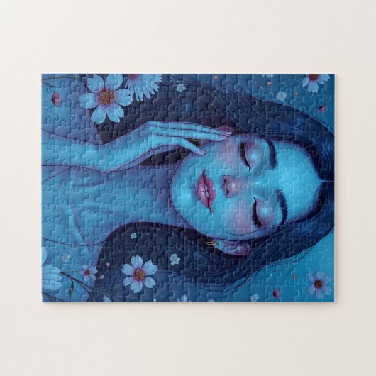 Blauwe Anime Meditatie Bloemen Vrouw Legpuzzel (Horizontaal)
