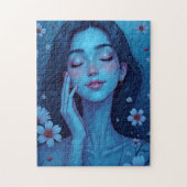 Blauwe Anime Meditatie Bloemen Vrouw Legpuzzel (Verticaal)