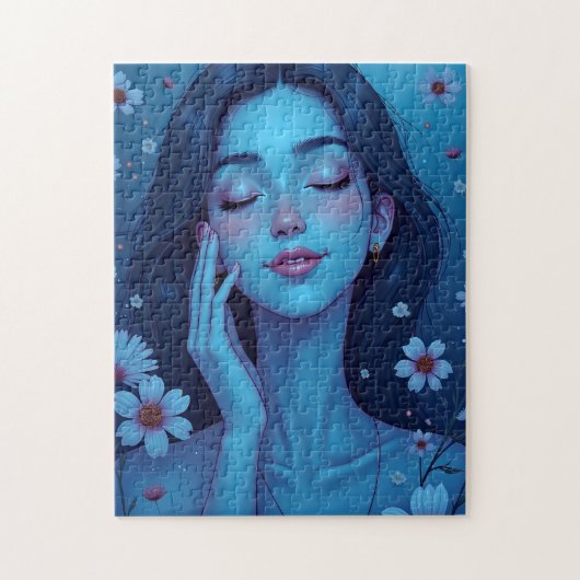 Blauwe Anime Meditatie Bloemen Vrouw Legpuzzel (Verticaal)