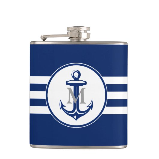 Blauwe anker met monogram heupfles (Voorkant)