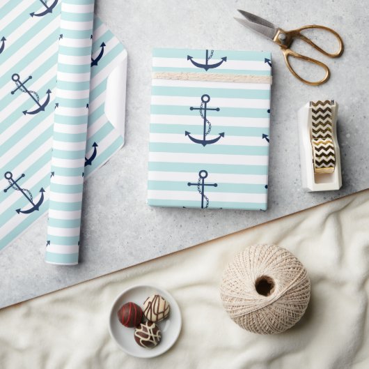 Blauwe anker op mint Stripes Cadeaupapier (Crafts)