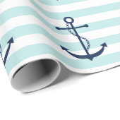 Blauwe anker op mint Stripes Cadeaupapier (Rol Hoek)
