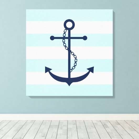 Blauwe anker op mint Stripes Canvas Afdruk (Insitu (Houten vloer))