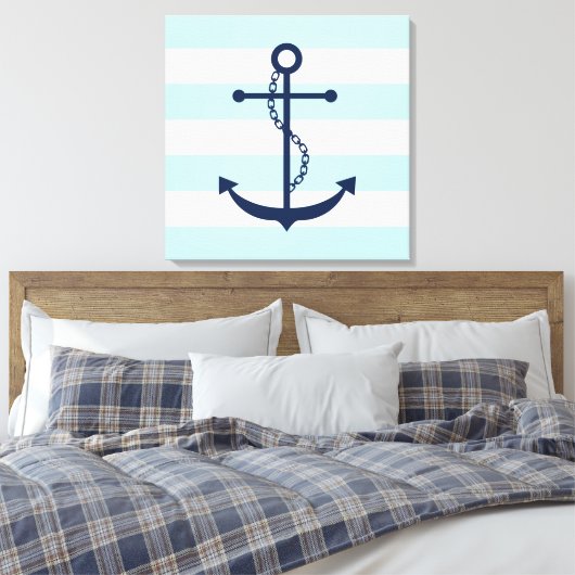 Blauwe anker op mint Stripes Canvas Afdruk (Insitu (Slaapkamer))
