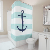 Blauwe anker op mint Stripes Douchegordijn (In situ)