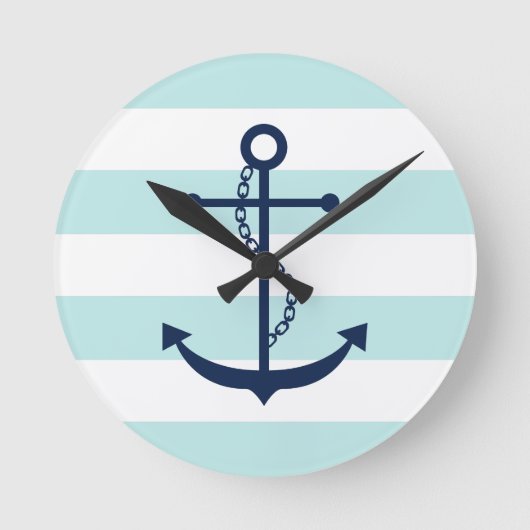 Blauwe anker op mint Stripes Ronde Klok (Voorkant)