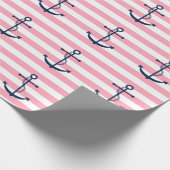 Blauwe anker op roze strepen cadeaupapier (Hoek)