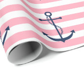 Blauwe anker op roze strepen cadeaupapier (Rol Hoek)
