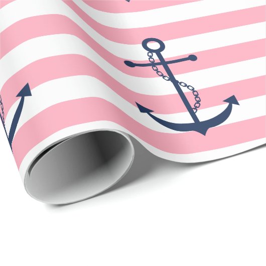 Blauwe anker op roze strepen cadeaupapier (Rol Hoek)