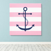 Blauwe anker op roze strepen canvas afdruk (Insitu (Houten vloer))