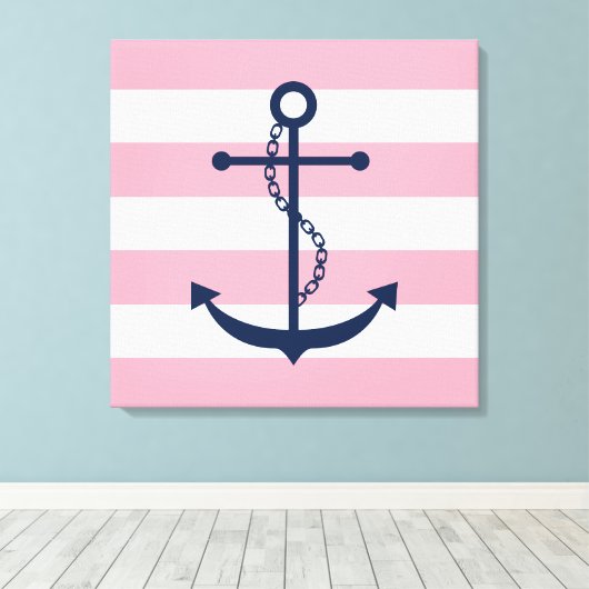 Blauwe anker op roze strepen canvas afdruk (Insitu (Houten vloer))