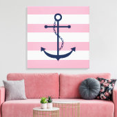 Blauwe anker op roze strepen canvas afdruk (Insitu (Woonkamer))