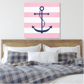 Blauwe anker op roze strepen canvas afdruk (Insitu (Slaapkamer))