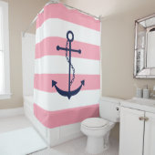 Blauwe anker op roze strepen douchegordijn (In situ)