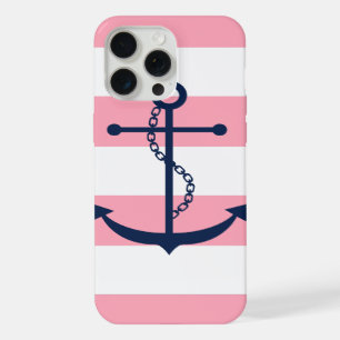 Blauwe anker op roze strepen iPhone 15 pro max hoesje