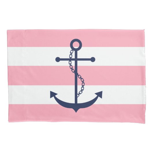 Blauwe anker op roze strepen kussensloop (Voorkant)