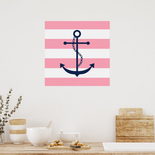 Blauwe anker op roze strepen poster (Keuken)
