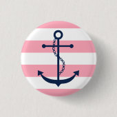 Blauwe anker op roze strepen ronde button 3,2 cm (Voorkant)