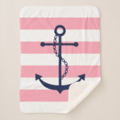 Blauwe anker op roze strepen sherpa deken (Voorkant)