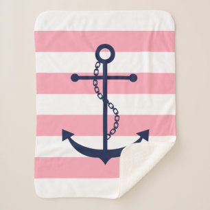 Blauwe anker op roze strepen sherpa deken