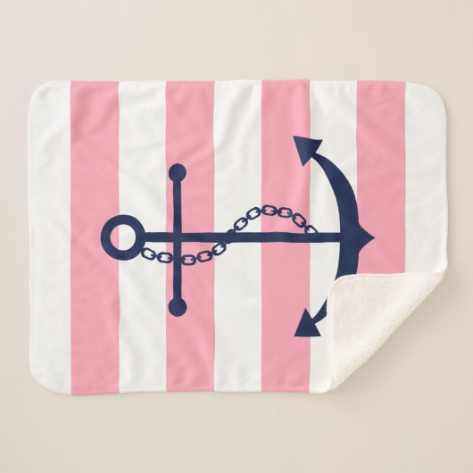 Blauwe anker op roze strepen sherpa deken (Voorkant (horizontaal))
