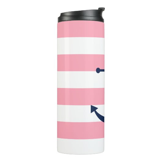 Blauwe anker op roze strepen thermosbeker (Gedraaid links)